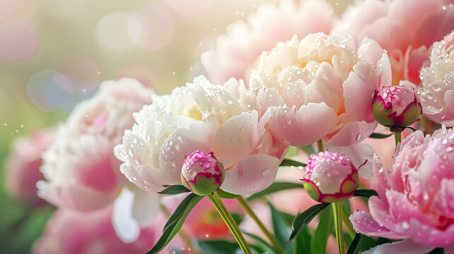 Blooming Peonies with Dew Drops: Fresh pink peonies with dew drops on their petals, highlighting the beauty and freshness of the flowers.
