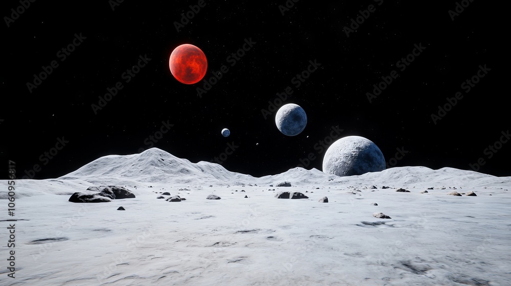 Poster stunning views of a planet with multiple moons.