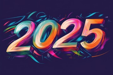 Vibrant illustration of the year 2025 with colorful swirls and design elements highlighting a future celebration