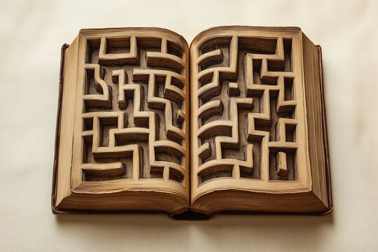 Open book with intricate maze carved into its pages, symbolizing the complexity of knowledge.