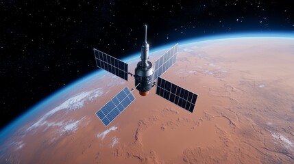 Obraz premium A spacecraft entering Mars orbit and extending its solar panels to see the planet's surface