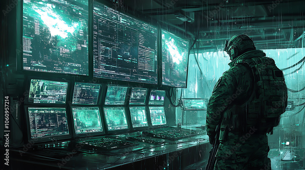 Leinwandbilder a military operator in tactical gear looks at a control room with multiple screens, command center a