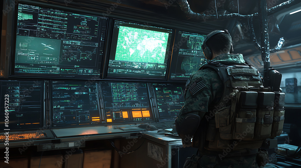 Poster a military operator in tactical gear looks at a control room with multiple screens, command center a