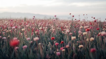 Field of flowers with a few yellow flowers