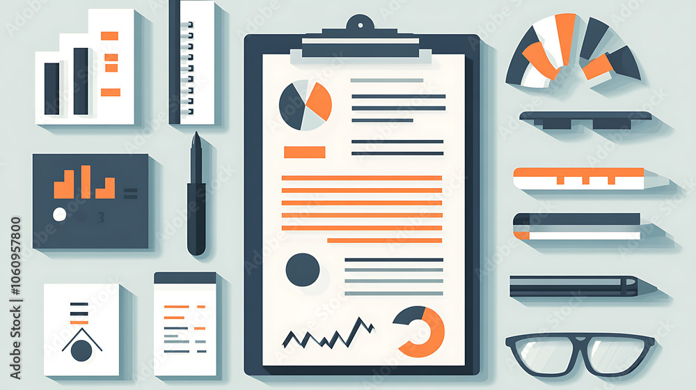 Poster a modern flat design of a clipboard, complete with document and pen, illustrating various business c