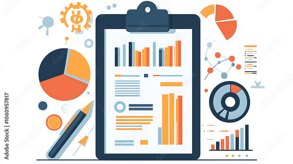 Aufkleber a modern flat design of a clipboard, complete with document and pen, illustrating various business c