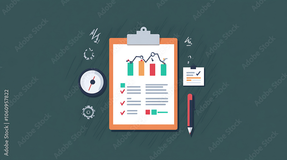 Poster a modern flat design of a clipboard, complete with document and pen, illustrating various business c