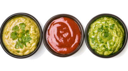Variety of Guacamole Sauces Displayed in Bowls on a Clear Background Generative AI