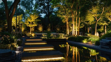 Obraz premium Outdoor LED Lighting Enhancing Modern Garden Landscapes.