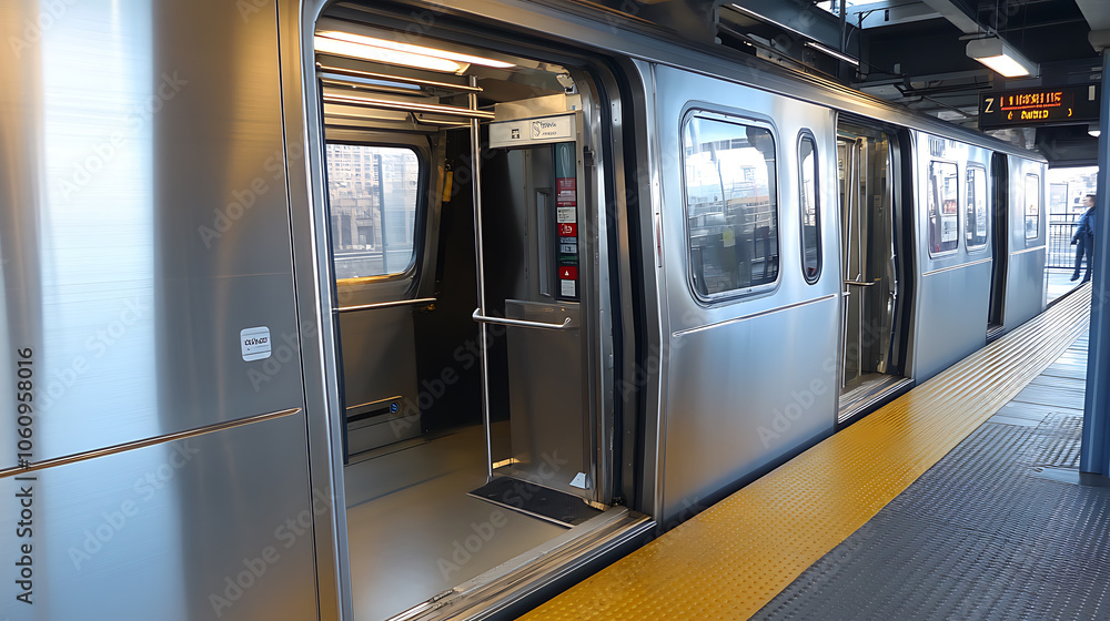 Poster A silver subway train door is open, with the platform visible in front of it