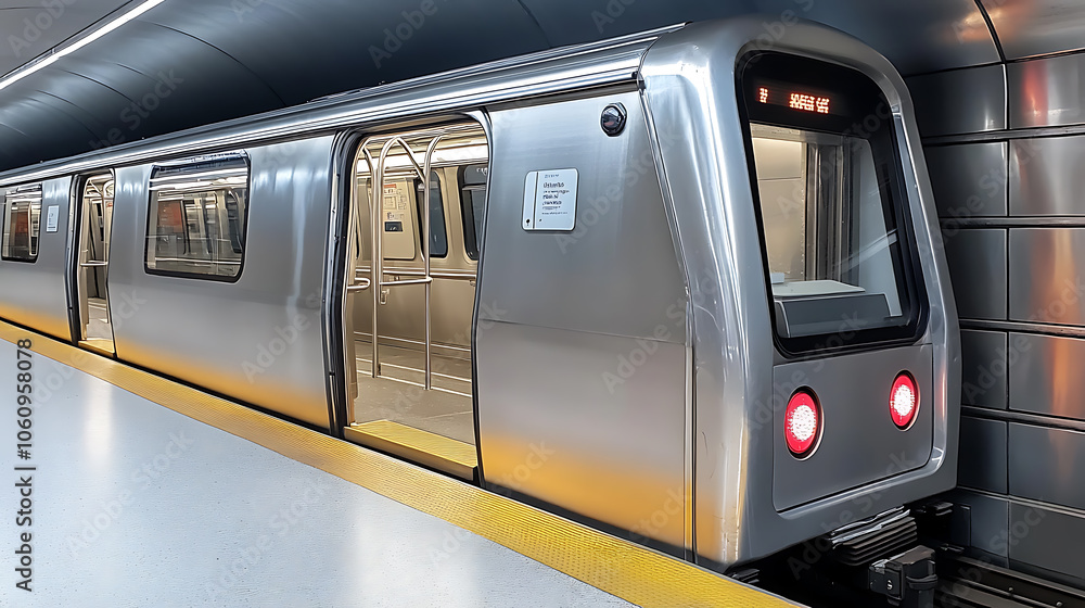 Poster a silver subway train door is open, with the platform visible in front of it