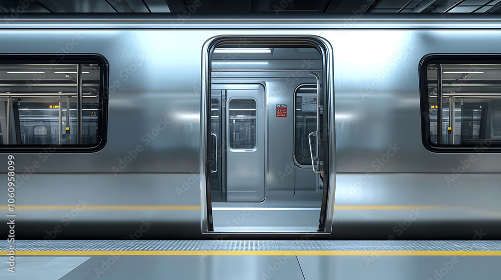 Poster A silver subway train door is open, with the platform visible in front of it