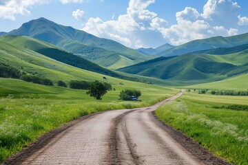 Fototapeta premium A road winds through a grassy field with mountains in the background. The road is unpaved and he is a dirt road