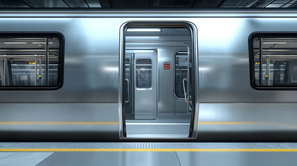 Fototapeta premium A silver subway train door is open, with the platform visible in front of it