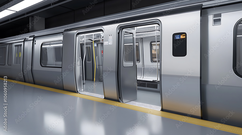 Poster a silver subway train door is open, with the platform visible in front of it