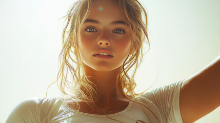 18 year old volleyball player posing with ball, legs outstretched, photorealistic.