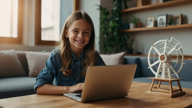 Smiling girl using laptop by wind turbine model on table at home 