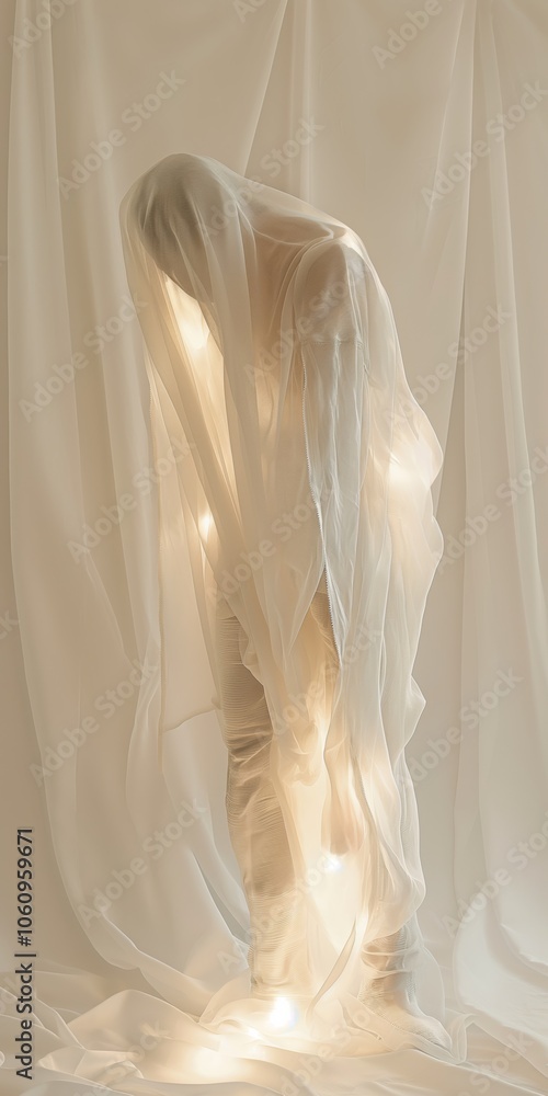 Poster a person is wrapped in a white sheet with lights shining on them. concept of mystery and intrigue, a