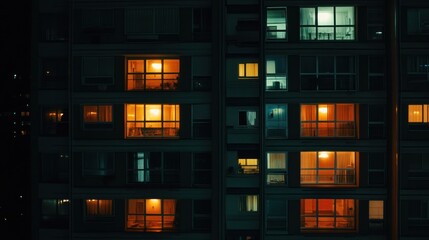 Nighttime view of illuminated apartment windows in a cityscape.