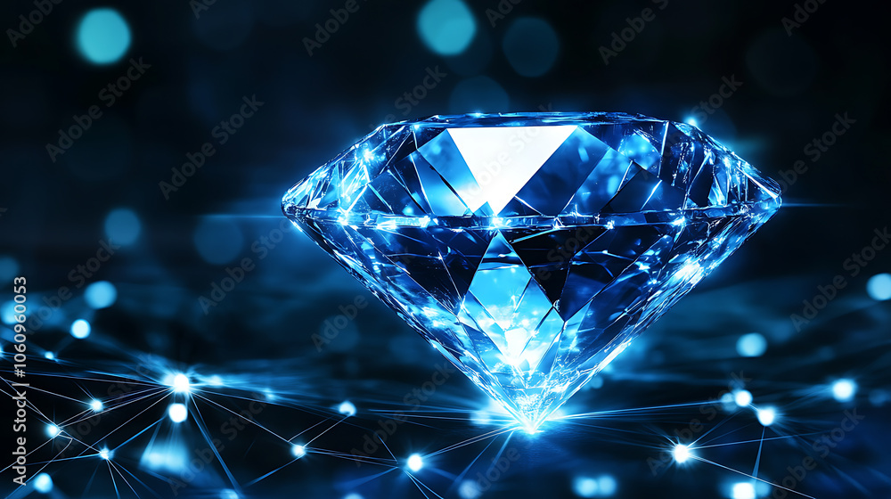 Poster abstract blue diamond on digital background with polygonal light lines