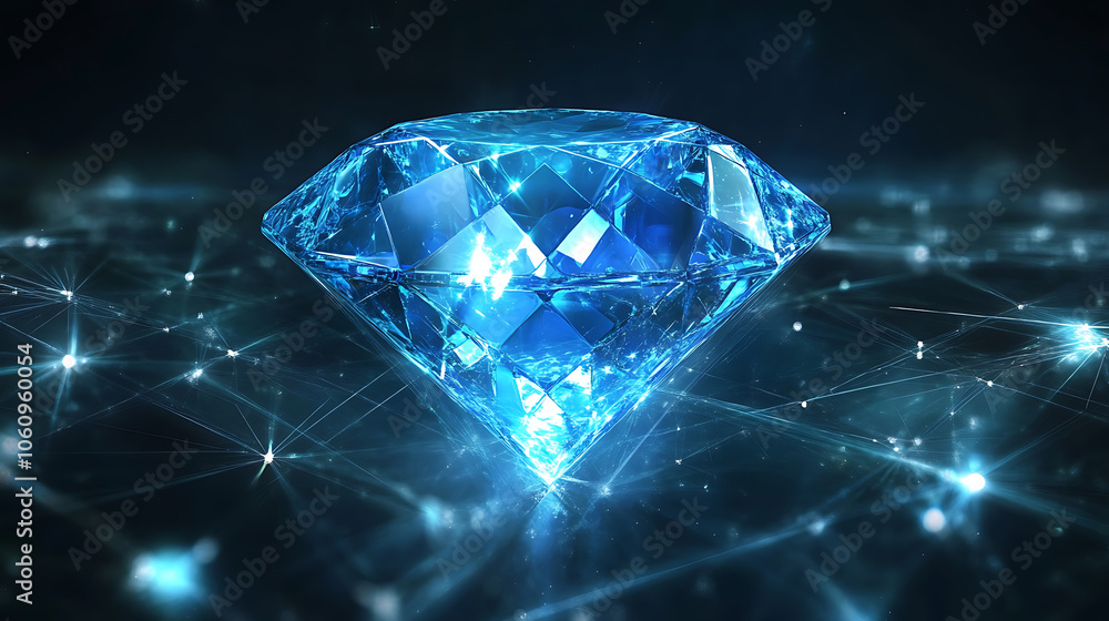 Poster abstract blue diamond on digital background with polygonal light lines