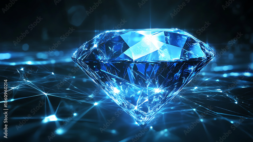 Poster abstract blue diamond on digital background with polygonal light lines