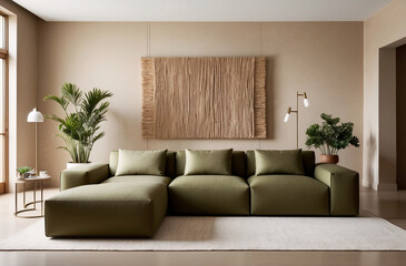 Minimalist, loft interior design of modern living room with earthy tones, featuring olive green sectional sofa, a textured wall art piece, and modern decor elements, warm and cozy