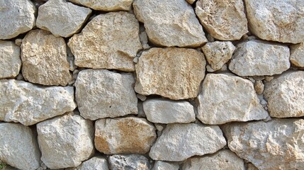 Close up of a rough stone wall with natural beige and gray stones.
