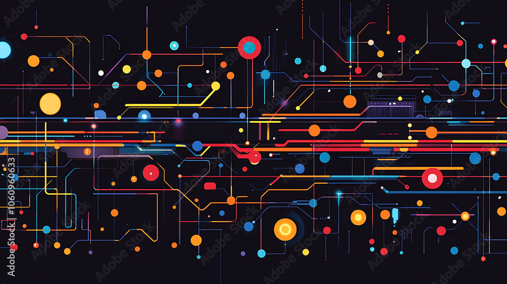 Poster Abstract flat background with colorful lines and dots on black, simple geometric shapes forming an illuminated subway map pattern