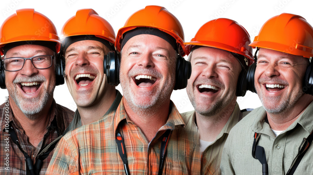 Poster happy engineers wearing helmets enjoying teamwork in a bright setting generative ai