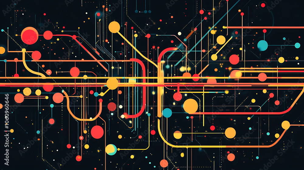 Leinwandbilder Abstract flat background with colorful lines and dots on black, simple geometric shapes forming an illuminated subway map pattern