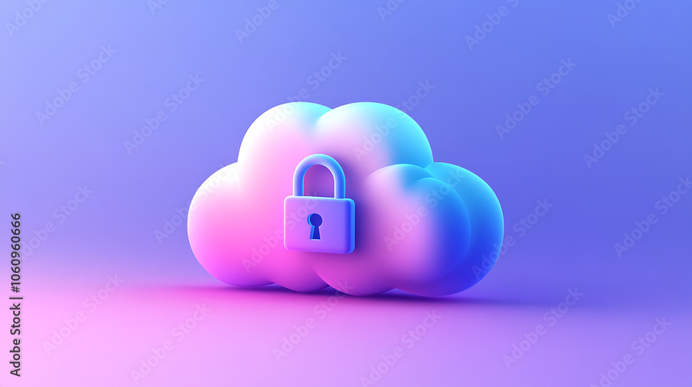 Poster Abstract illustration of cloud security services, stylized cloud icon integrated with a secure padlock symbol, representing data protection and cybersecurity in cloud computing environments