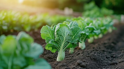 Fresh cabbage plants stand in tidy green rows, surrounded by rich brown soil, bathed in soft sunlight, hinting at a bountiful harvest.