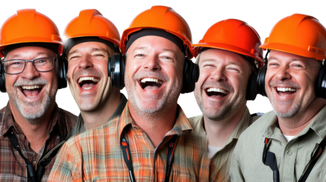 Happy Engineers Wearing Helmets Enjoying Teamwork in a Bright Setting Generative AI - Powered by Adobe