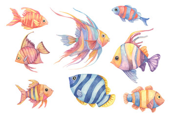 A playful school of tropical fish in vibrant hues of blue, purple, and orange. This watercolor clipart is perfect for childrens apparel, aquatic-themed stationery, or products with underwater theme