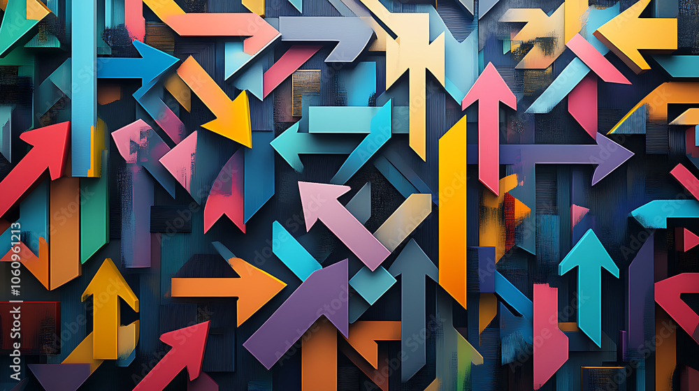 Poster An artistic digital rendering featuring a collection of arrows pointing in various directions, symbolizing the complexity and multitude of choices involved in the decision, making process