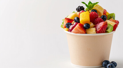 Fruit Salad in Takeaway Cup: A fruit salad presented in a takeaway cup, isolated on a white background, ideal for quick and healthy snacks.