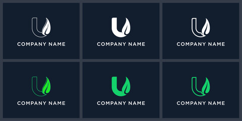 set abstract letter U green leaf logo design
