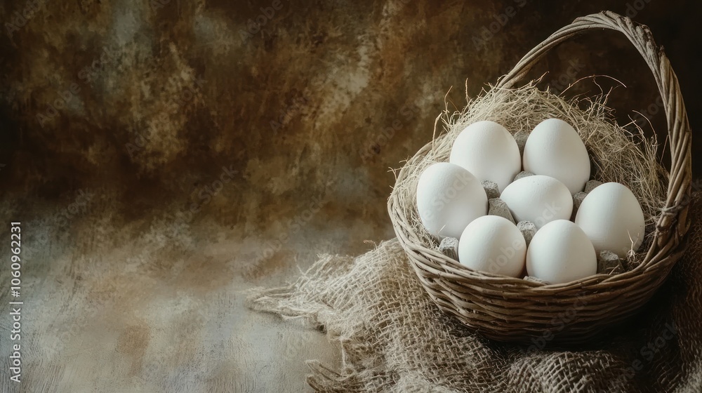 Poster white eggs in a wicker basket on rustic background