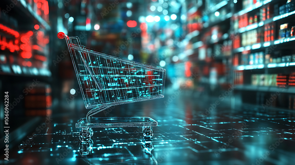 Fototapete artificial intelligence in retail concept, featuring a high, tech background and a prominent shoppin