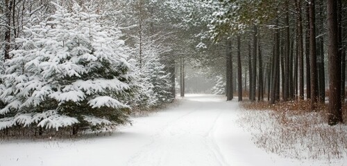 Naklejka premium A peaceful forest path blanketed in fresh snow, with tall pines dusted in white, conveying the calmness and beauty of a winter day.