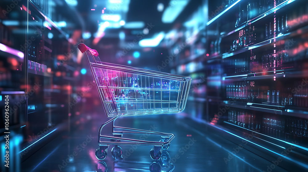 Poster Artificial Intelligence in Retail concept, featuring a high, tech background and a prominent shopping cart symbol, symbolizing the integration of AI in shopping experiences