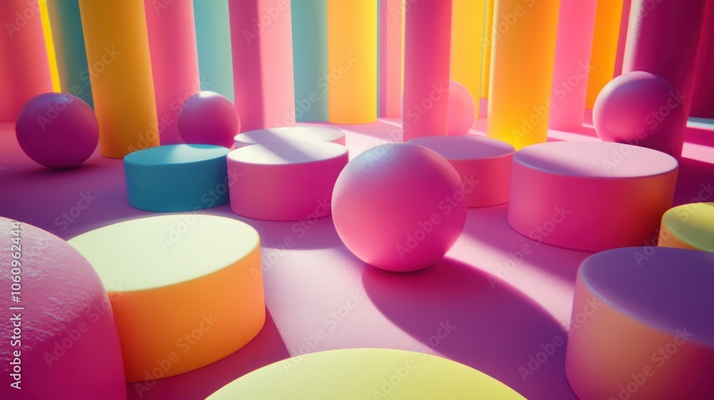 Aufkleber abstract colorful background with spheres, cylinders and columns.