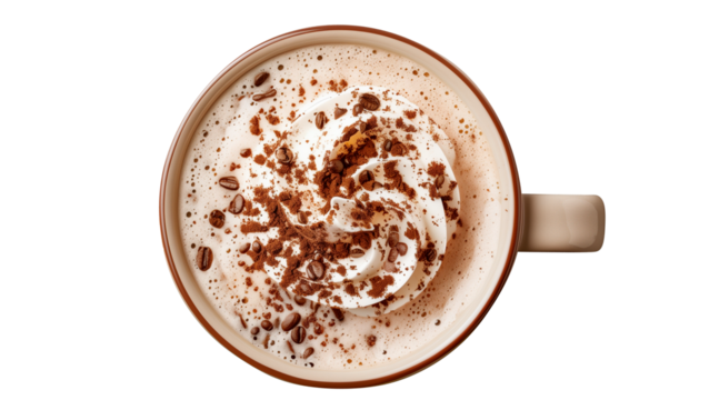 Coffee mug with whipped cream on top, decorated with coffee beans and cocoa powder. The mug is beige with a brown rim and handle on the right. Zenith angle