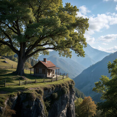 A Small House Stands On A High Cliff with a big tree.