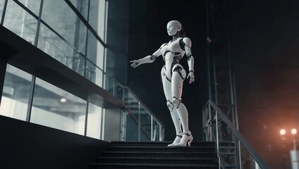 Woman robot with AI goes up futuristic stairs in full growth. AI or artificial intelligence learning concept. AI Future technology. Computer neural network training in image of female robot