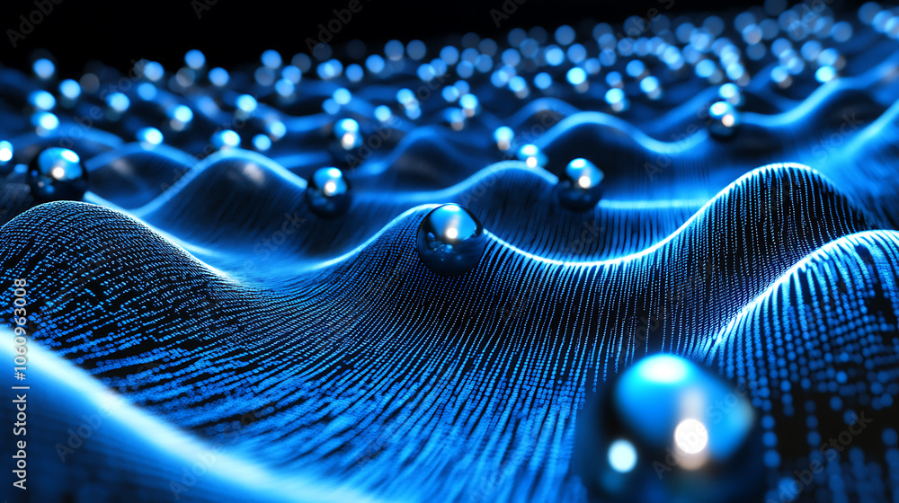 Poster Big data visualization showcasing information analytics with abstract streams of information, ball arrays, and binary code, Filtering machine algorithms and data sorting in technology background