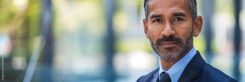 Poster a man in a suit and tie is standing in front of a building. he is smiling and looking directly at th