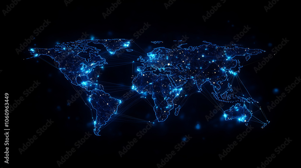 Poster abstract global network concept with a blue glowing world map, data transfer and cyber technology ba