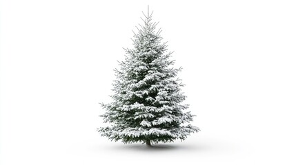 Fototapeta premium Classic snow-dusted Christmas tree on white background, symbolizing the magic of the holiday season.